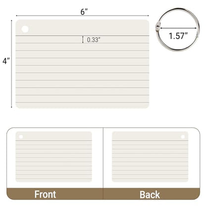 zmybcpack 6 Pack 360 Pcs 4x6 Inch Lined Flash Cards with Binder Rings | Ruled Index Cards for Studying, School, Memory, Note Cue - size: 4"x6"(6pack Lined,Cream)