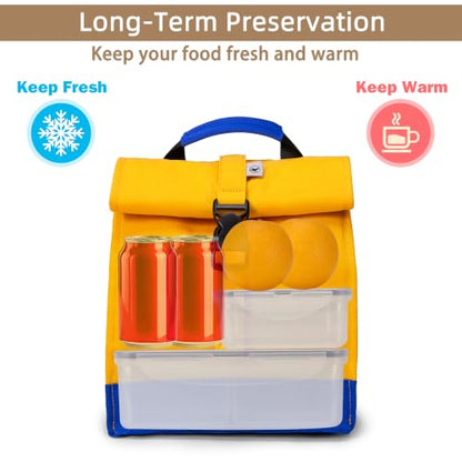 SUNNY BIRD Insulated Lunch Bag Rolltop Lunch Box Tote Lunchbox Bag for Women, Men, Boys and Girls (Yellow) - color: Yellow