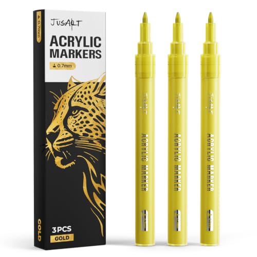 JusArt 0.7mm Fine Point Gold Acrylic Paint Pen, 3 Pack | Gold Marker for Rock Painting, Art Projects, Ceramic, Glass, Wood, Metal, Fabric, DIY, Ideal for Art Supplies - color: Gold, size: 3 PCS