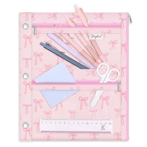SKYDUE Binder Pencil Pouch for 3 Ring Binder, 3 Compartment Zipper Case, Large Capacity Pen Organizer with Clear PVC Window for School Supplies, Students, Kids & Teachers - color: Pinkbow