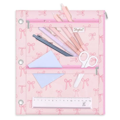 SKYDUE Binder Pencil Pouch for 3 Ring Binder, 3 Compartment Zipper Case, Large Capacity Pen Organizer with Clear PVC Window for School Supplies, Students, Kids & Teachers - color: Pinkbow