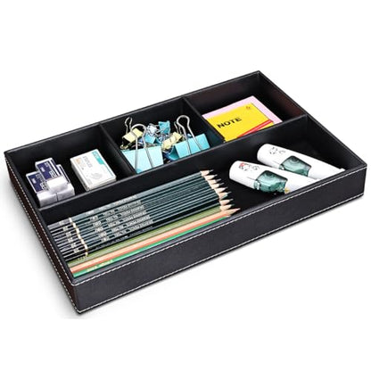 KINGFOM Pu Leather Desk Organizer Tray, 4 Compartment Office Storage Supplies Stationery Drawer Tray, Nightstand Bedside Tray for Key, Wallet, Sunglass, Watch, Coin, Phone Valet Tray Stackable Black - color: Black