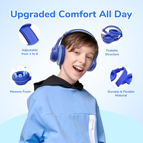 EarFun K4 Kids Bluetooth Headphones, Wireless Headphones with LED Lights | 74/85/94dBA Volume Limited, Built-in Mic, 90H Playtime, Stereo Sound Bluetooth 5.4 Over Ear Headphone for iPad/Tablet/School - color: Blue