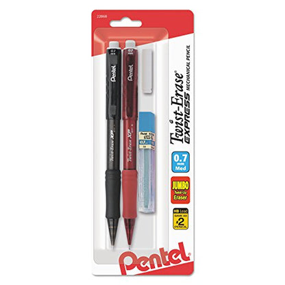 Pentel Twist-Erase Express Automatic Pencil with Lead and Eraser, 0.7mm, Assorted Barrels, 2 Pack (QE417LEBP2) - size: 2 Count (Pack of 1)
