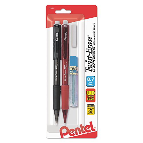 Pentel Twist-Erase Express Automatic Pencil with Lead and Eraser, 0.7mm, Assorted Barrels, 2 Pack (QE417LEBP2) - size: 2 Count (Pack of 1)