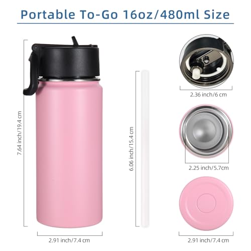 Volhoply Kids Insulated Water Bottle with Straw,16oz Stainless Steel Cold Water Bottles for School,BPA-Free Metal Wide Mouth Cups with Handle Lid,Reusable Double Wall Vacuum Sport Flask(Pink,1) - color: Pink