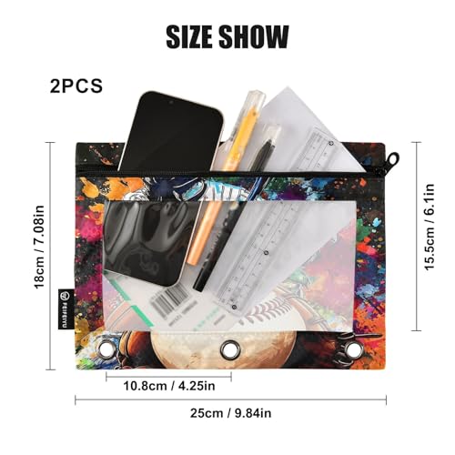 2 Pack Pencil Pouch for 3 Ring Binder Baseball Player Pencil Case Pouch with Clear Window Zipper Binder Pencil Pouches Pen Bag for Office School Supplies - color: Baseball Player