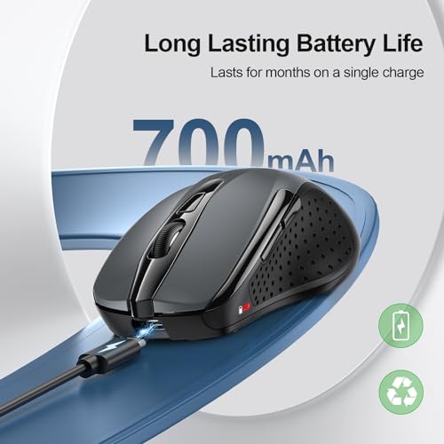 TECKNET Wireless Mouse, BT 5.0/2.4G, Rechargeable 6-DPI Silent, Grey | Bluetooth 5.0/3.0 & USB A, 2-Device Easy Switch, Wide OS Compatible, 6 Buttons, 6-DPI up to 4800, Ergonomic for S to M Hands - color: Grey