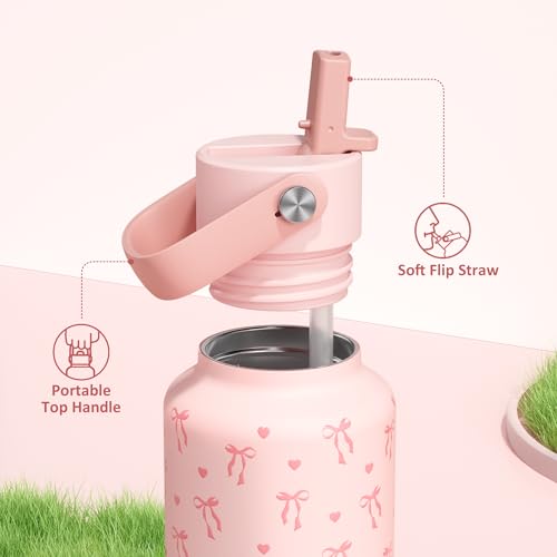POWCAN 18 oz Insulated Water Bottle: Leakproof, Cup Holder Friendly, Standard Mouth, Top Handle, Double Walled Stainless Steel Water Bottle for Girl, Student, School, Bag, Camping (Sweetheart Bow) - color: Sweetheart Bow, size: 18 Ounces