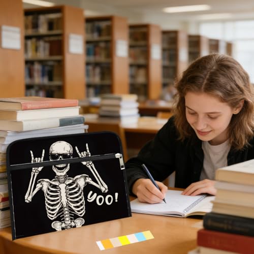 WEBEEDY Expanding File Folder with 13 Pockets, Labels and Zipper, Portable Accordion File Organizer Paperwork Folder for Documents A4 Paper Receipt Travel Office, Back to School Halloween(Skeleton)