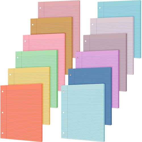 PerKoop 12 Pack 600 Sheets Colored Loose Leaf Paper Wide Ruled 8" x 10.5", Pastel Colorful Lined Writing Paper 3 Hole Punched Filler for 3 Ring Binder School Office Supplies(Sweet Color) - color: Sweet Color