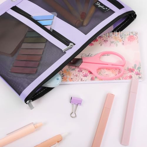 SKYDUE 3 Ring Pencil Pouch for Binder, Zipper Binder Pencil Pouch with 3 Pockets and Mesh Window, Durable Organizer for School Supplies, Cables, Earbuds, Makeup - color: Purple