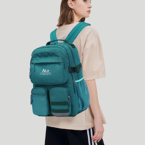 Water Resistant Backpack for Teen Girls Boys Students, Casual Multi Pockets Daypack with 15.6 inch Laptop pocket for Travel School College (Dark Green) - color: Dark Green With Embroidery