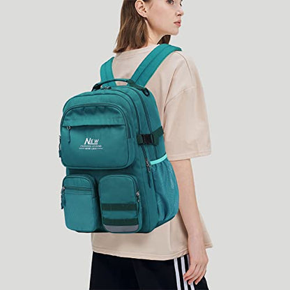 Water Resistant Backpack for Teen Girls Boys Students, Casual Multi Pockets Daypack with 15.6 inch Laptop pocket for Travel School College (Dark Green) - color: Dark Green With Embroidery