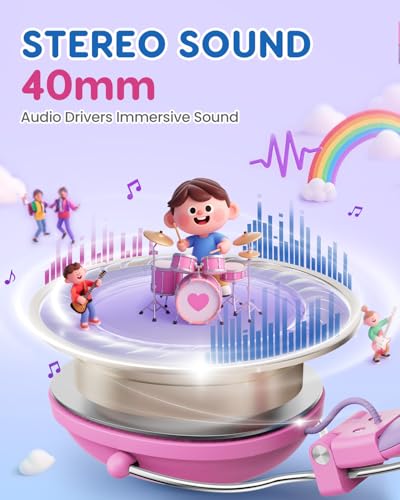 awatrue Kids Headphones, 74/85dB Safe Volume Limit, Stereo Sound, Wired On-Ear Headphones for Kids Boys Girls, 3.5mm Jack for Tablet, iPad, Kindle, YOTO Player, Airplane Travel, Pink - color: Pink-Purple