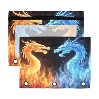 Kcldeci Pencil Pouch for 3 Ring Binder, Red Blue Fire Dragon 2 Pack Binder Pencil Pouch with Clear Window Pencil Bags with Zipper Pencil Case for binder - color: A02