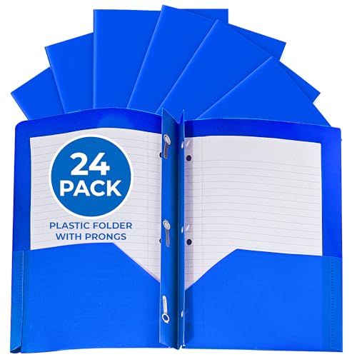 24 Pack Blue Plastic Folders with Pockets Heavy Duty. 2 Pocket Folder with Prongs Bulk. Tear-Resistant Letter Size 8.5x11. Presentation Ready School and Office Supplies - color: Blue, style: With Prongs