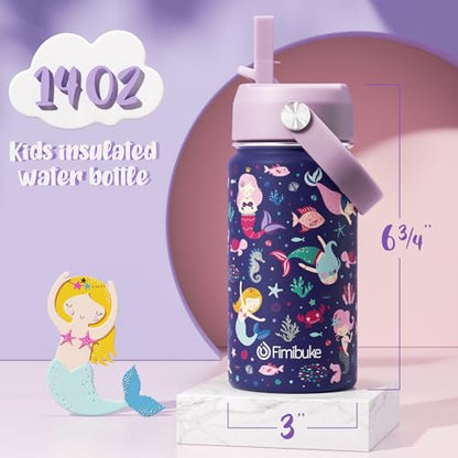 Fimibuke Kids Insulated Water Bottle, 14oz BPA FREE 18/8 Stainless Steel Travel Tumbler Double Wall Vacuum Leak Proof Kids Cup with Straw Metal Water Bottle for School Boys Girls(1 Pack, MERMAID) - color: A2. MERMAID