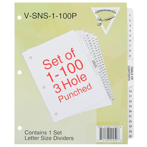 Exhibitindexes® Numbered Dividers 1-100 Punched - AVE Style Bold Tabs - Side Collated Exhibit Tabs - Made in The USA | Letter Size - 1-100 - Sets - size: 8.5 X 11