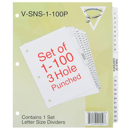 Exhibitindexes® Numbered Dividers 1-100 Punched - AVE Style Bold Tabs - Side Collated Exhibit Tabs - Made in The USA | Letter Size - 1-100 - Sets - size: 8.5 X 11