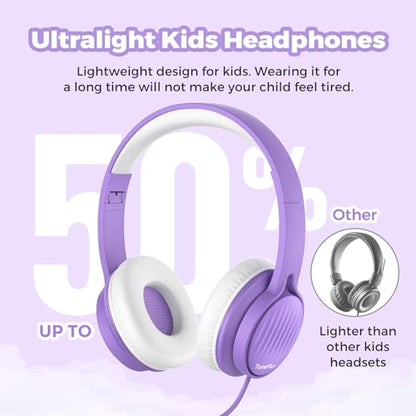 TuneFlux Upgraded Kids Headphones, Wired Toddler Headphones, 85dB Limited Volume On Ear Headphones, Portable Foldable Design, Stereo Sound Kids Headsets for School/Tablet/Travel-Purple - color: Purple