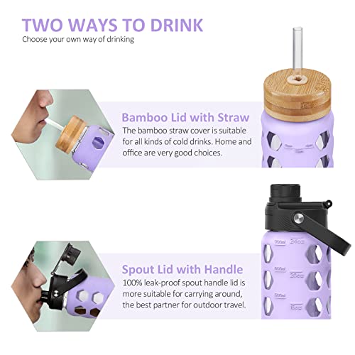 MUKOKO 24oz Glass Water Bottle, Purple | Glass Tumbler with Straw, Drinking Bottles with 2 Lids-Handle Spout Lid & Bamboo Straw Lid, Silicone Sleeve, 1 Pack - color: Purple, size: 24 Ounces