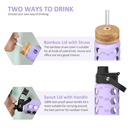 MUKOKO 24oz Glass Water Bottle, Purple | Glass Tumbler with Straw, Drinking Bottles with 2 Lids-Handle Spout Lid & Bamboo Straw Lid, Silicone Sleeve, 1 Pack - color: Purple, size: 24 Ounces