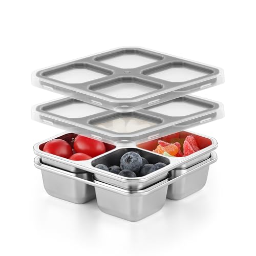 BEFOY 4-Pack Stainless Steel Snack Containers – 4 Compartment Leak-Proof Bento Box for Meal Prep, School, Picnic & Travel – Nestable & Reusable for Kids & Adults (grey, 2) - color: Gray, size: 2