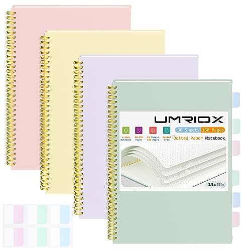 Umriox 4 Pack Dotted Spiral Notebook, 8.5" x 11" Dot Grid Journal Notebook, 160 Pages Spiral Bound Notebook with Sticky Notes, Journal for Writing Drawing Women Men Work School - size: 8.5 x 11 in, style: Dotted