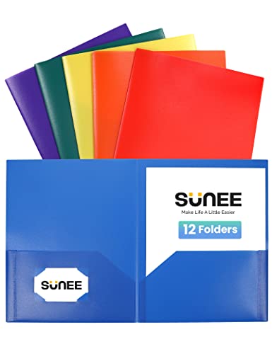 SUNEE 2 Pocket Folder (12 Pack, Assorted Colors) Heavy Duty Plastic Folders with Pockets Fit Letter-Size Papers, Two-Pocket Poly Folders Bulk for School, College, Office - color: Multicolored 1, style: 12-Pack
