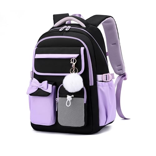 Girls Backpack School Bags Kids Elementary School Backpack for Girls Teens Cute Childrens Bookbags Casual Back Packs, Black Purple - color: Black-purple
