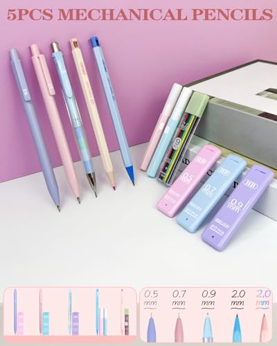 54Pcs Aesthetic School Supplies Set with Large Pastel Pencil Case 12 Dual Tip Highlighters, 6 Gel Pens, 5 Black Pens, 5 Mechanical Pencils (0.5-2.0mm) for Students Stationary College Essentials Gifts - color: Pink