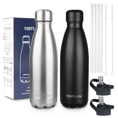 Insulated Water Bottle,2 Pack-12oz Stainless Steel Water Bottles with straw lid,Metal Sports Water Bottles for Boys,Girls,Double Wall Vacuum BPA-Free Flask for School, Sports (Black-Sliver) - color: Black-Sliver, size: 12 Ounces