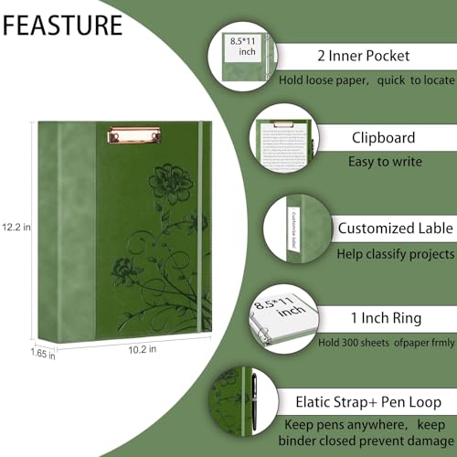 3 Ring Binder 1 Inch, Leather Binders with Clipboards, KLLVE Three Ring Binder with 10 Pocket Divider(Green, Letter Size) - color: Green