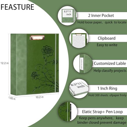 3 Ring Binder 1 Inch, Leather Binders with Clipboards, KLLVE Three Ring Binder with 10 Pocket Divider(Green, Letter Size) - color: Green
