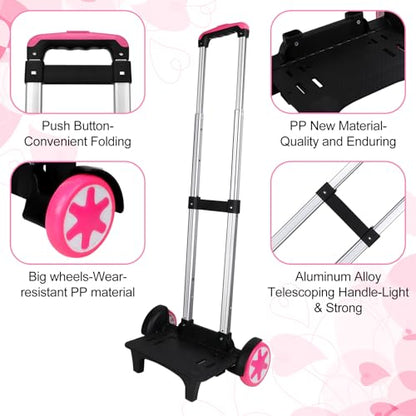 Aluminium Alloy Folding Backpack Trolley Cart, Pink Wheeled Luggage Cart with 3-Section Telescopic Rod for School Bags and Travel - color: Women
