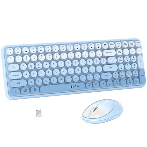 UBOTIE Wireless Keyboards and Mouse Combo (Blue Gradient) | Colorful Gradient Rainbow Color Retro Typewriter Flexible Keyboard, 2.4GHz Connection and Optical Mouse for PC Wins Mac - color: Blue Gradient