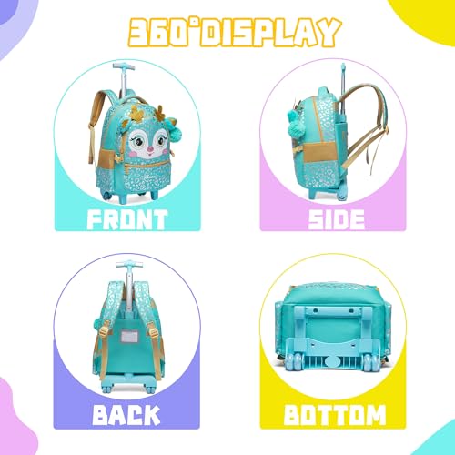 Meetbelify Girls Rolling Backpack with Wheels for Elementary Preschool Students Kids 3 in 1 Travel Luggage Carry on Suitcase with Lunch Box Pencil Case for Girls Age 8-10 - color: Deer