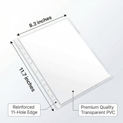 Clear Protector Sheets 50 Pack, 8.3 x 11.7 Inch Durable Plastic, 11-Hole Reinforced Edge, Letter Size, Compatible with 2/3/4 Ring Binders, Document Protection for Office & Home