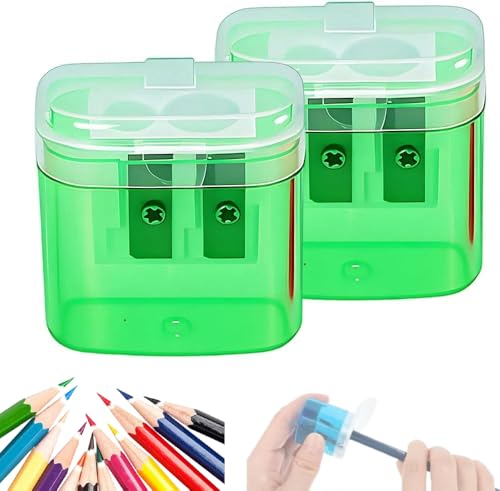 Dual Hole Pencil Sharpener, Handheld Pencil Pharpener for Kids with Lid,Mini Compact Colored Pencil Sharpeners with Shavings Collector, for Classroom, Back to School, Home & Office (Green 2PCS) - color: Green 2pcs
