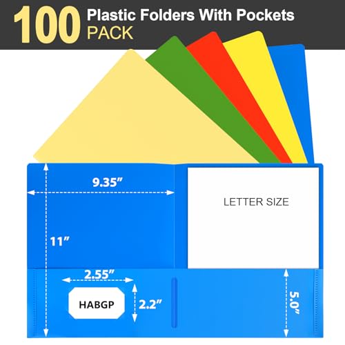 100 Pack Plastic Folders with Pockets, 5 Color Heavy Duty Two Pocket Folder | Business Card Holder for Office, High School, Business Resume
