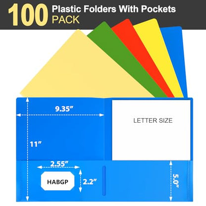 100 Pack Plastic Folders with Pockets, 5 Color Heavy Duty Two Pocket Folder | Business Card Holder for Office, High School, Business Resume