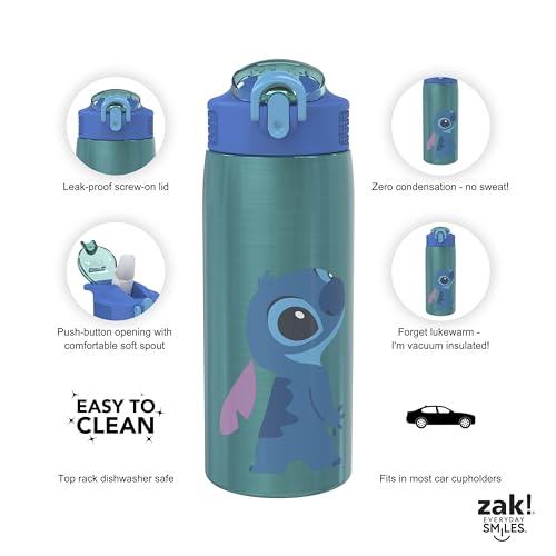 Zak Designs Disney Lilo and Stitch Water Bottle for Travel and At Home, 19 oz Vacuum Insulated Stainless Steel with Locking Spout Cover, Built-In Carrying Loop, Leak-Proof Design (Stitch) - color: Lilo And Stitch