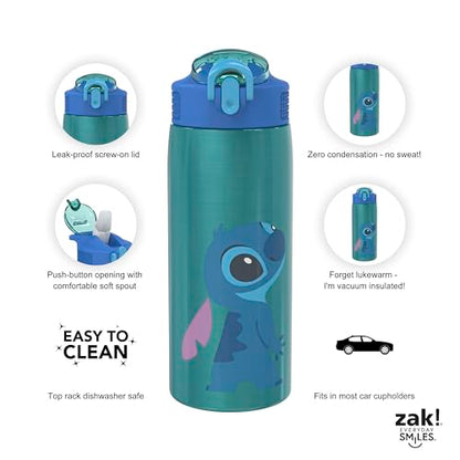 Zak Designs Disney Lilo and Stitch Water Bottle for Travel and At Home, 19 oz Vacuum Insulated Stainless Steel with Locking Spout Cover, Built-In Carrying Loop, Leak-Proof Design (Stitch) - color: Lilo And Stitch