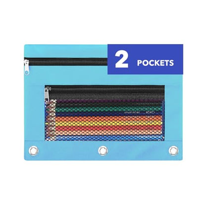 Pencil Pouch for 3 Ring Binder - 3 Hole Zipper Pen Case Bag Holder Bulk Accessories Clear Window Aesthetic Organizer Pockets - color: Sky Blue