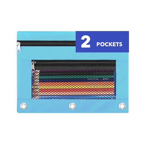 Pencil Pouch for 3 Ring Binder - 3 Hole Zipper Pen Case Bag Holder Bulk Accessories Clear Window Aesthetic Organizer Pockets - color: Sky Blue