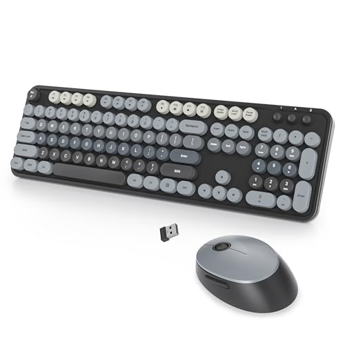 Wireless Keyboard and Mouse Set, Retro Typewriter, 2.4GHz Full Size 104-Key Cute Keyboard with Number Pad, Colorful Keyboard with Round Keycaps for Windows PC Laptop(Black Gray) - color: Black and gray gradient