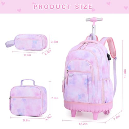 DIGOBAY Rolling Backpack for Girls, Cute Girls Backpack with Wheels, Kids Wheeled backpacks Set with Lunch Bag Pencil Case for Teen Girl, Roller School Bag with Wheels for Elementary Middle School - color: Purple Tie-dye