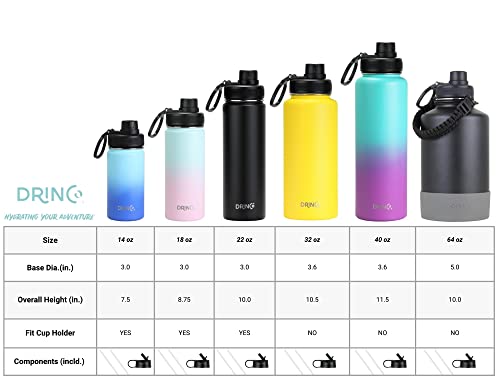 Drinco Stainless Steel Water Bottle Spout Lid Vacuum Insulated Double Wall Water Bottle Wide Mouth (40oz 32oz 22oz 18oz 14oz) Leak Proof Keep Cold Sport Camping Hiking (22 oz, 22oz Black) - color: 22oz Black, size: 22 Ounces