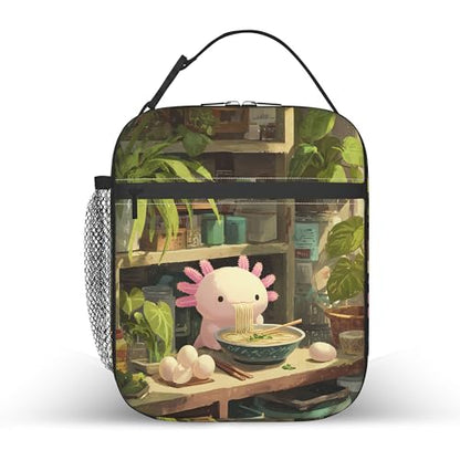 Axolotl Eating Ramen Kids Lunch Bag Insulated Lunch Box Cooler Freezable Meal Prep Bag with Shoulder Strap Waterproof Lunch Container for Boys Girls School Office Picnic - color: Axolotl Eating Ramen